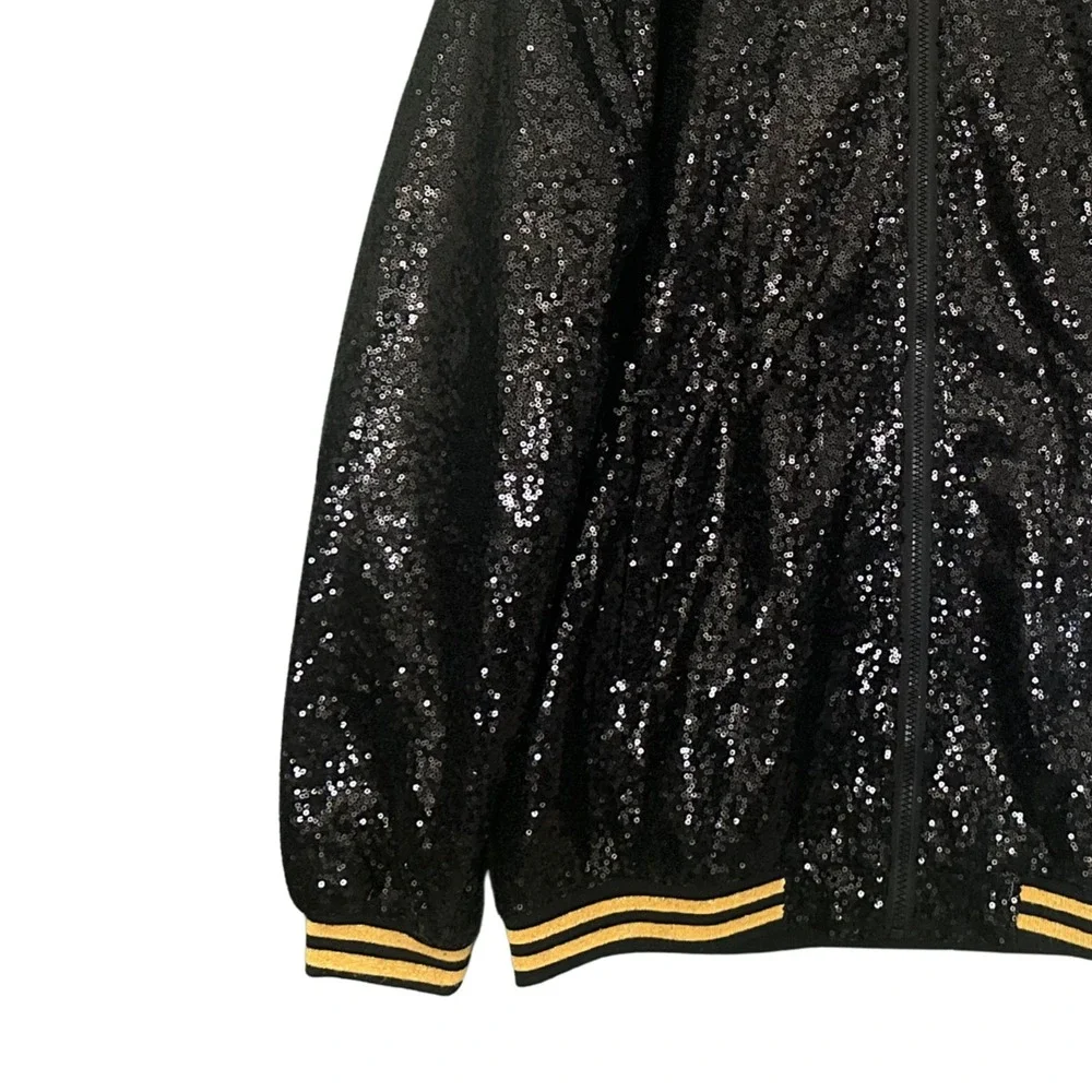 Mens XXL Black Sequin Varsity Bomber Jacket Gold Glitter Striped Party Disco 2XL